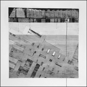aqua fragile I, 2022, Collage Acryl Dècalcomanie Papiere Lasur auf Leinwand, 100x100cm, gerahmt