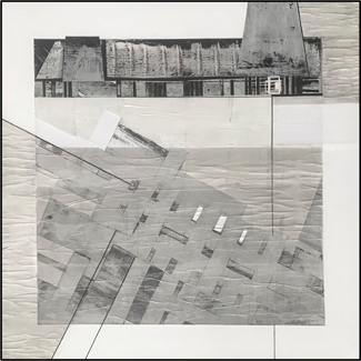 aqua fragile I, 2022-2023, Collage Acryl Dècalcomanie Papiere Lasur auf Leinwand, gerahmt 100x100cm Kopie