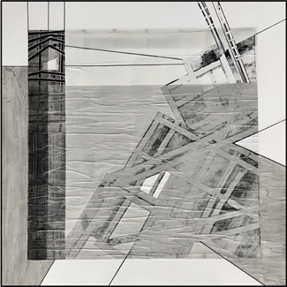 aqua fragile II, 2022-2023, Collage Acryl Dècalcomanie Papiere Lasur auf Leinwand, 100x100cm, gerahmt