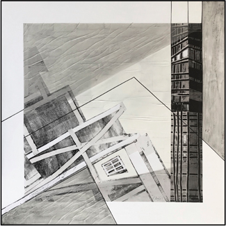 aqua fragile III, 2022-2023, Collage Acryl Dècalcomanie Papiere Lasur auf Leinwand, gerahmt 100x100cm