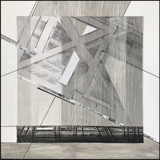 aqua fragile IV, 2022-2023, Collage Acryl Dècalcomanie Papiere auf Leinwand, gerahmt 100x100cm