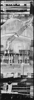 Sichtweite III,2023, Collage Acryl Dècalcomanie Papaiere auf Leinwand, 120x40 cm