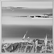 An Land 06, 2025, Collage Mixed Media, gerahmt Alu Silber,30x30cm 