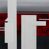 Anrainer I, 2025, Collage Mixed-Media auf Faserplatte, Unikat, gerahmt 69x21cm