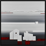 Flusslauf, 2025, Collage Mixed Media auf Hartfaser, Unikat, gerahmt 58x58 cm